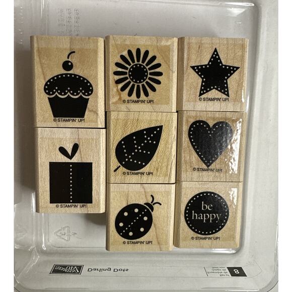 Stampin Up Darling Dots Wood Stamp Set of 8 Cupcake, Present, Heart, Ladybug, - Picture 1 of 4